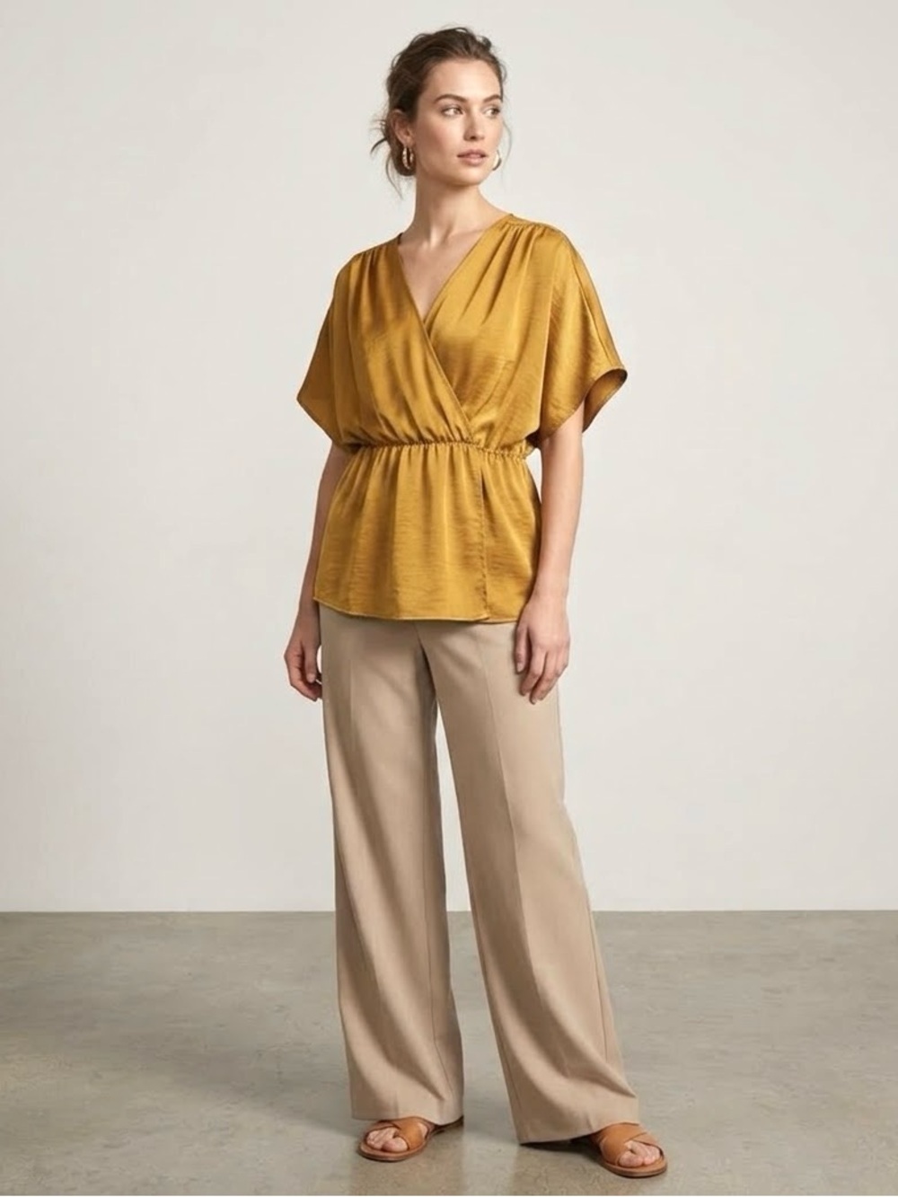 GAP Yellow Wrap Satin Blouse with Short Sleeves and Relaxed Fit